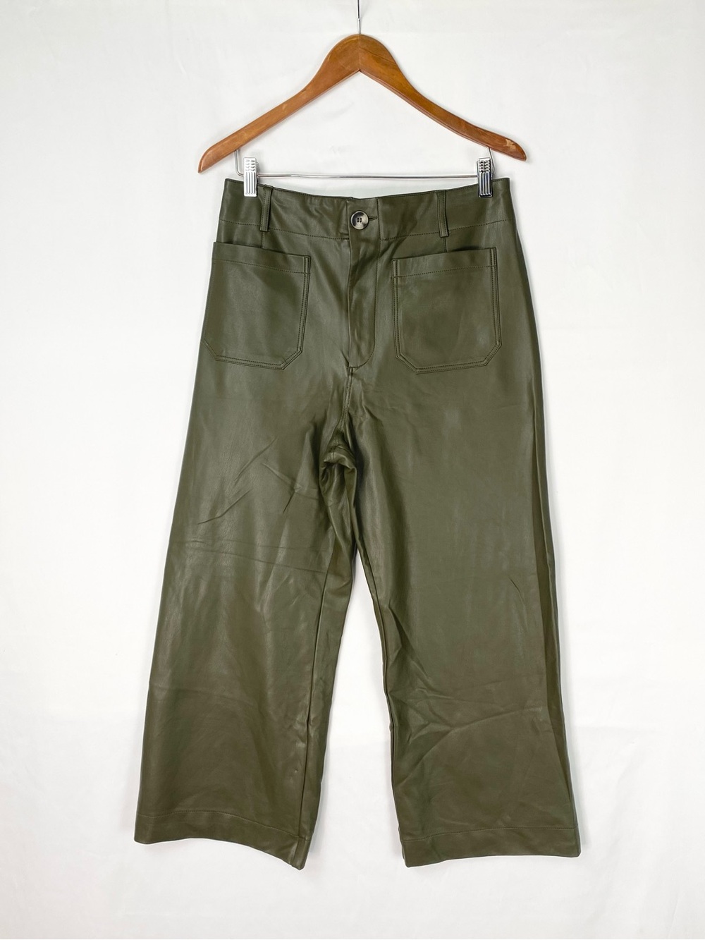 Maeve The Colette Cropped Wide Leg Trouser Vegan Leather in Moss Green Size 31